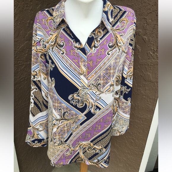 Chico's Pink Blue & Gold Paisley Notched Collar Tunic Blouse Top Size 2/Large - Picture 1 of 12